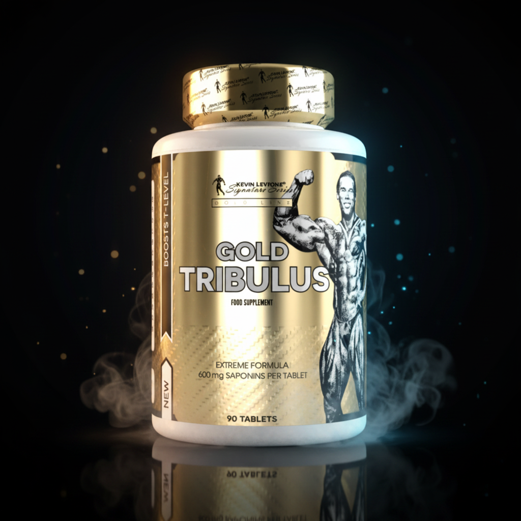 Kevin Levrone Levrone Gold Tribulus supplement bottle with 90 tablets, featuring a sleek label design and supplement details.