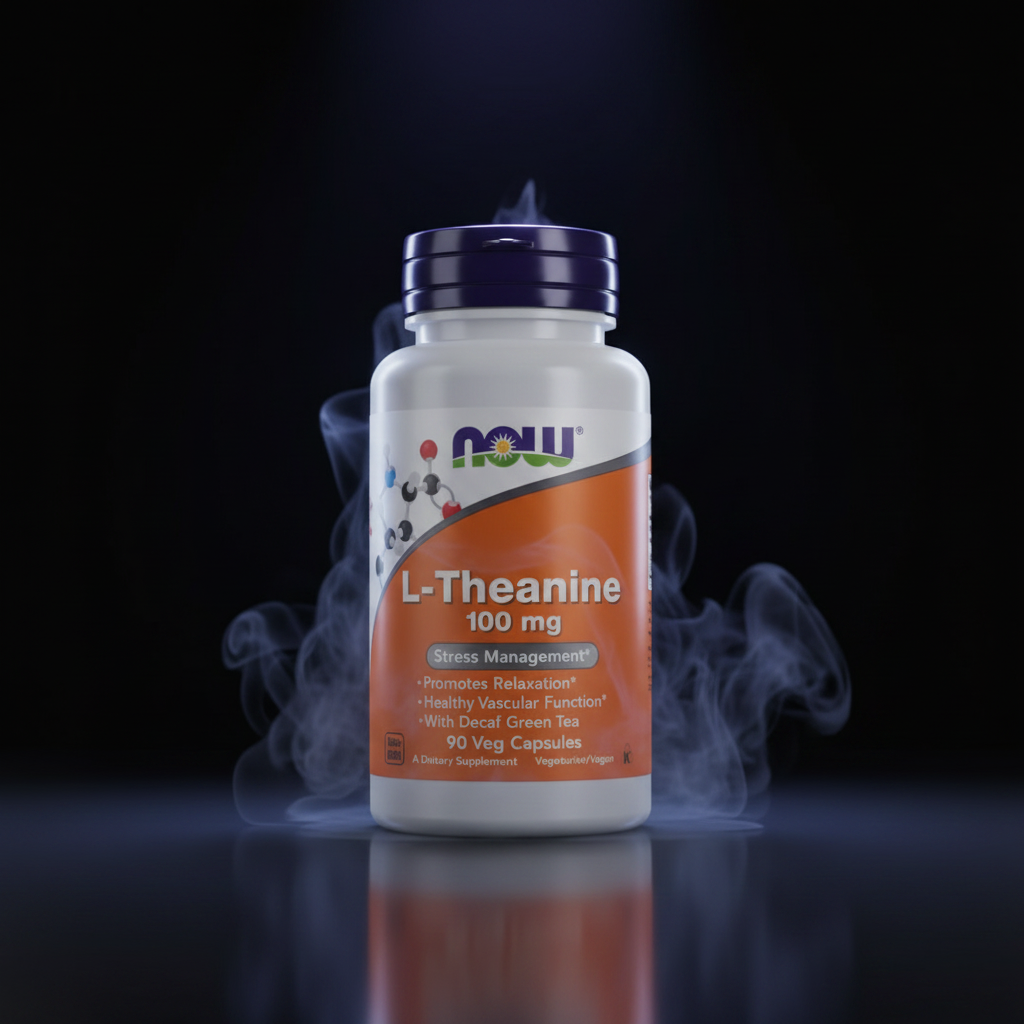 Cápsulas veganas de L-Theanine 100 mg da NOW Foods, embalagem contendo 90 cápsulas para suporte ao relaxamento e bem-estar