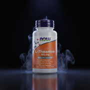 Cápsulas veganas de L-Theanine 100 mg da NOW Foods, embalagem contendo 90 cápsulas para suporte ao relaxamento e bem-estar