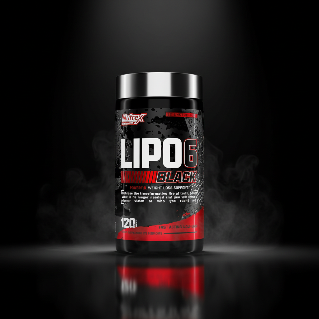 Nutrex Lipo 6 Black Ultra Concentrate capsules, dietary supplement for fat burning, shown in a blister pack with black and gold labeling.