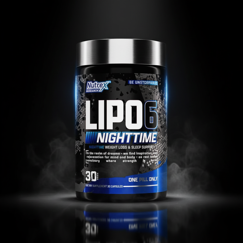 Nutrex Lipo 6 Black Nighttime capsules, dietary supplement for evening use, with black packaging and 30 capsules visible.