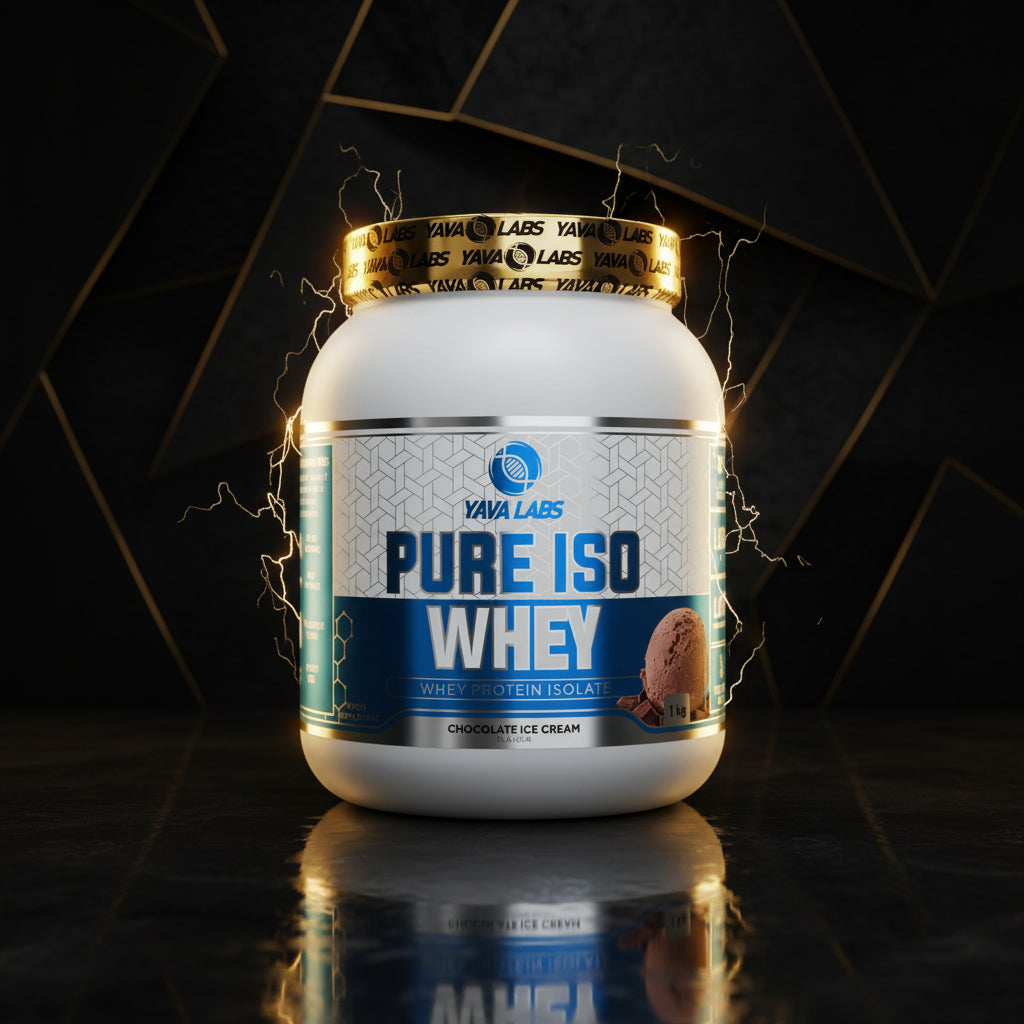 Pote de 1kg de Pure Iso Whey da YAVA Labs, suplemento de proteína isolada de alta qualidade, com rótulo visível e tampa preta