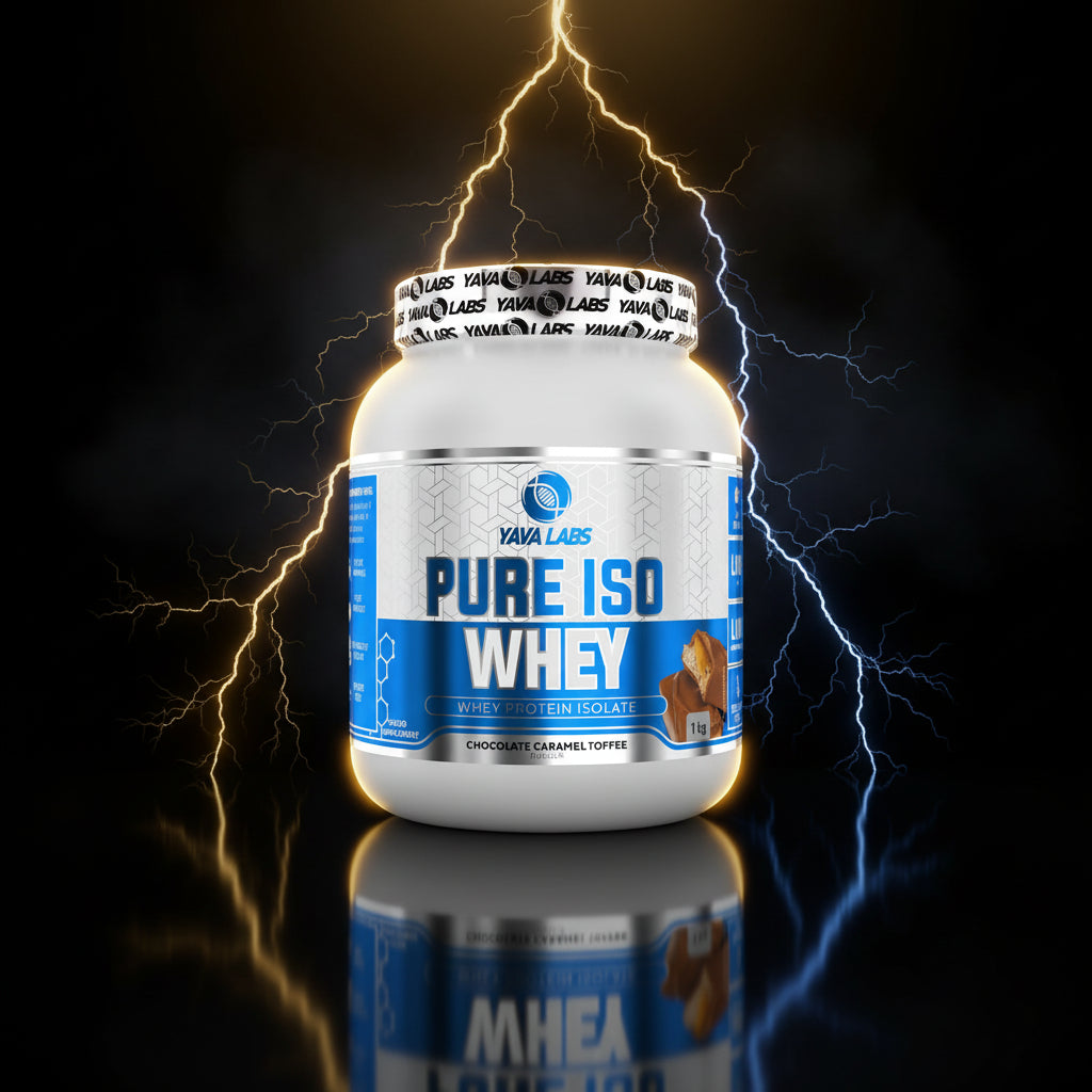 Pote de 1kg de Pure Iso Whey da YAVA Labs com pó de proteína isolada de soro de leite em embalagem.