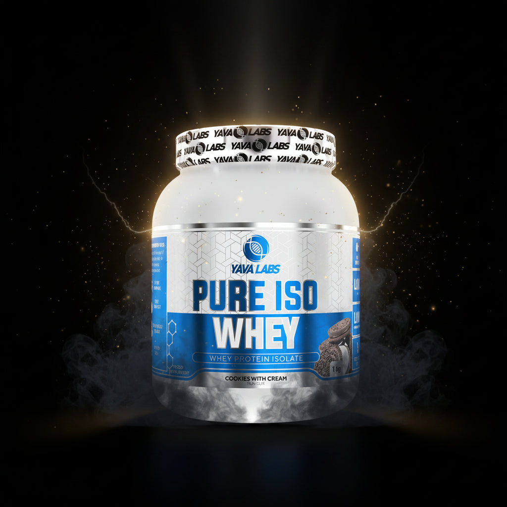 Pote de 1kg de Pure Iso Whey da YAVA Labs, suplemento de proteína isolada de soro de leite em pó.