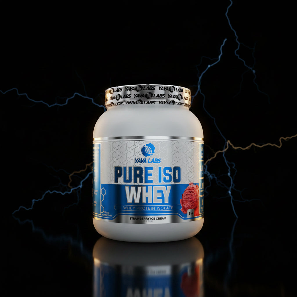 Pote de 1kg de Pure Iso Whey da YAVA Labs, pó de proteína isolada de sabor neutro, com rótulo e tampa transparente.