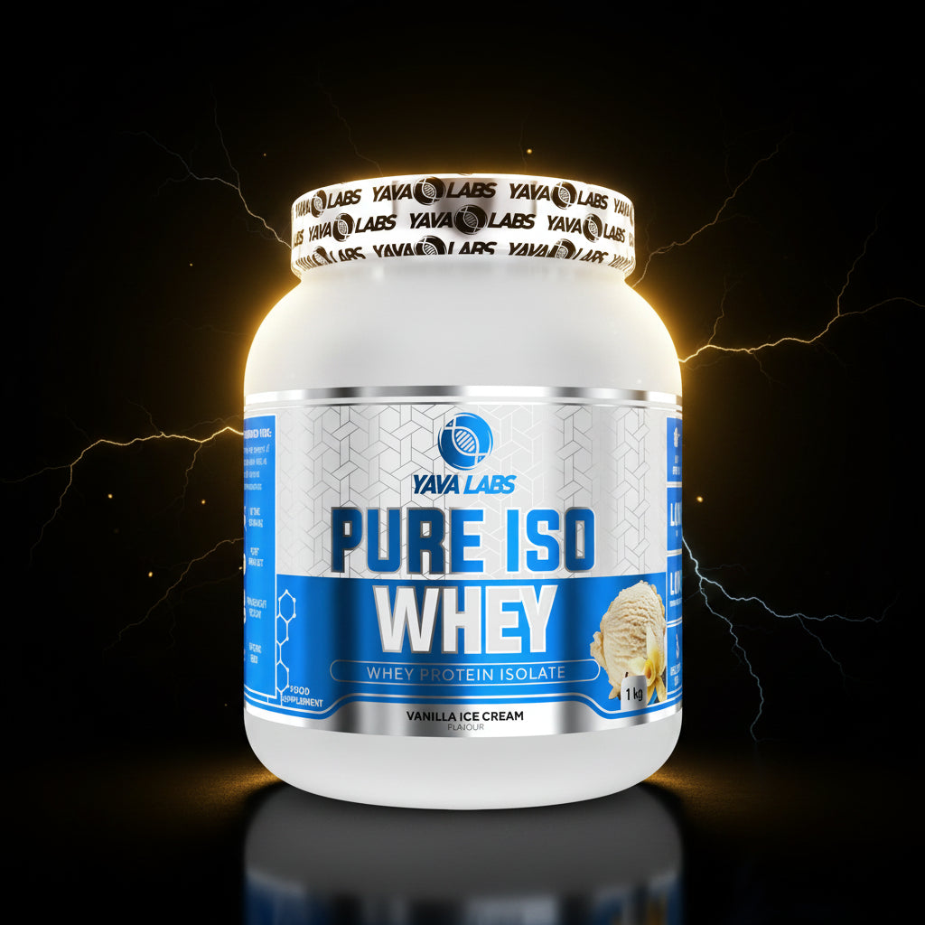 Pote de 1kg de Pure Iso Whey da YAVA Labs, suplemento de proteína isolada de soro do leite, com rótulo visível na imagem.