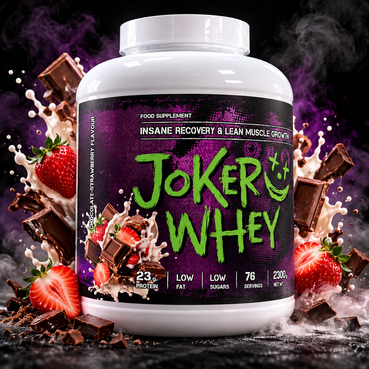 Pote de 2,3kg de whey Joker, suplemento de proteína, com embalagem branca e detalhes azuis e pretos.