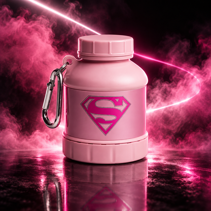 Funil Smartshake Whey2Go DC Comics de 110 ml da VinnyPowerNutrition, plástico transparente com logo do personagem DC.