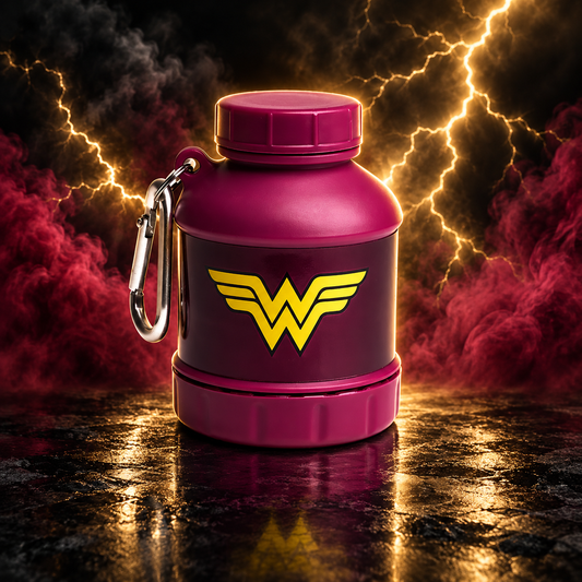 Fórmula para shake VinnyPowerNutrition Whey2Go com funil de 110 ml com tema DC Comics, em plástico transparente com detalhes coloridos.