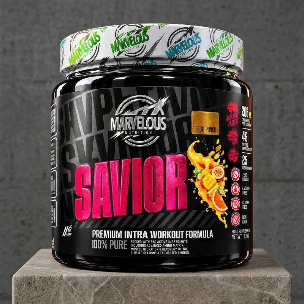 Bebida de suco de frutas Savior 950g da marca Marvellous, com sabor Fruit Punch, em embalagem de pó.
