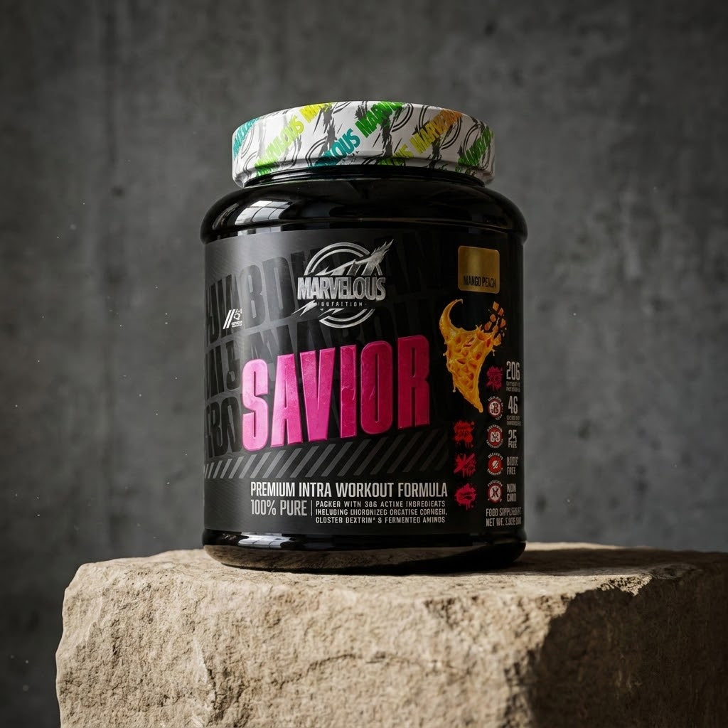 Pote de 950g de Savior Marvellous com sabor de manga e pêssego, mostrando a embalagem do produto com frutas frescas ao redor.
