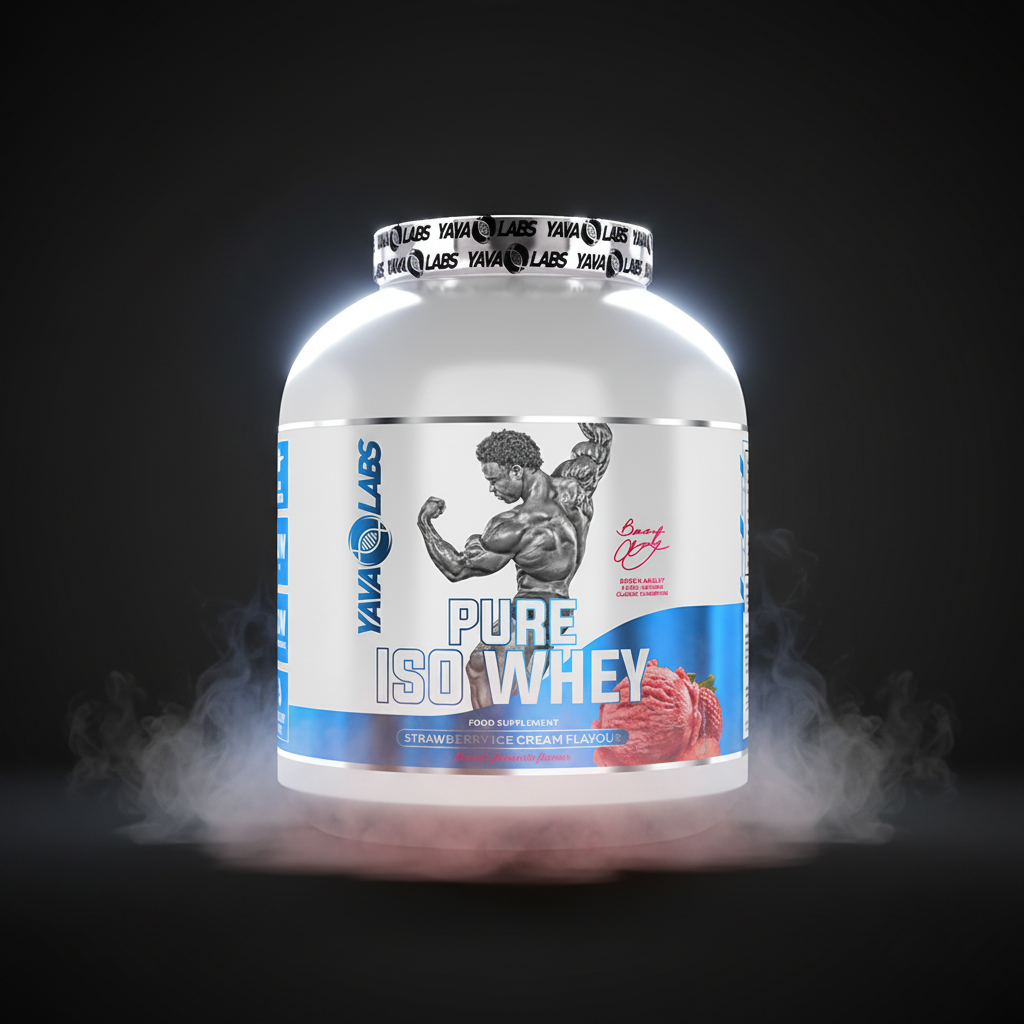 Pote de 2kg de suplemento de proteína Pure Iso Whey da YAVA Labs, com destaque para embalagem e rótulo.