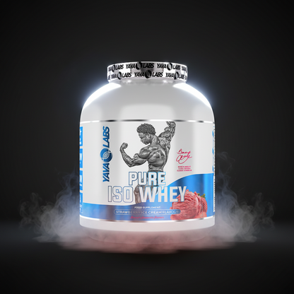 Pote de 2kg de suplemento de proteína Pure Iso Whey da YAVA Labs, com destaque para embalagem e rótulo.