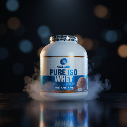 Pote de 2kg de Pure Iso Whey da YAVA Labs, suplemento de proteína isolada de alta qualidade, com embalagem e colher medidora.
