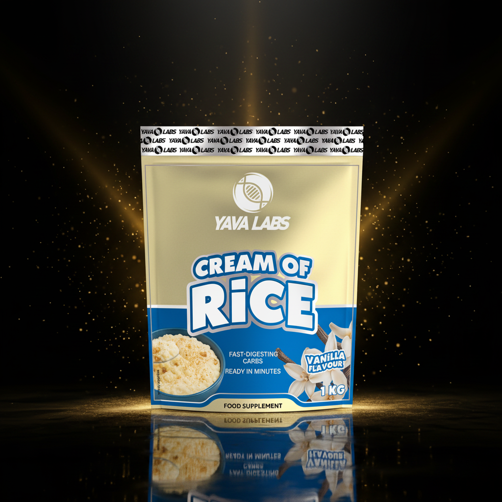 Creme de arroz YAVA Labs Cream of Rice 1kg em saco com textura cremosa e grãos de arroz, ideal para alimentação saudável.